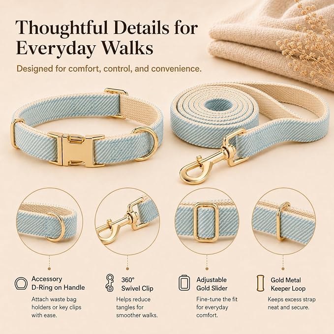 Herringbone Tweed Dog Collar and Leash Set for Medium Dogs, Light Blue | Snag-free, no-rub design. Soft breathable cotton, gentle on fur. Adjustable durable matching combo for walks & outdoors.