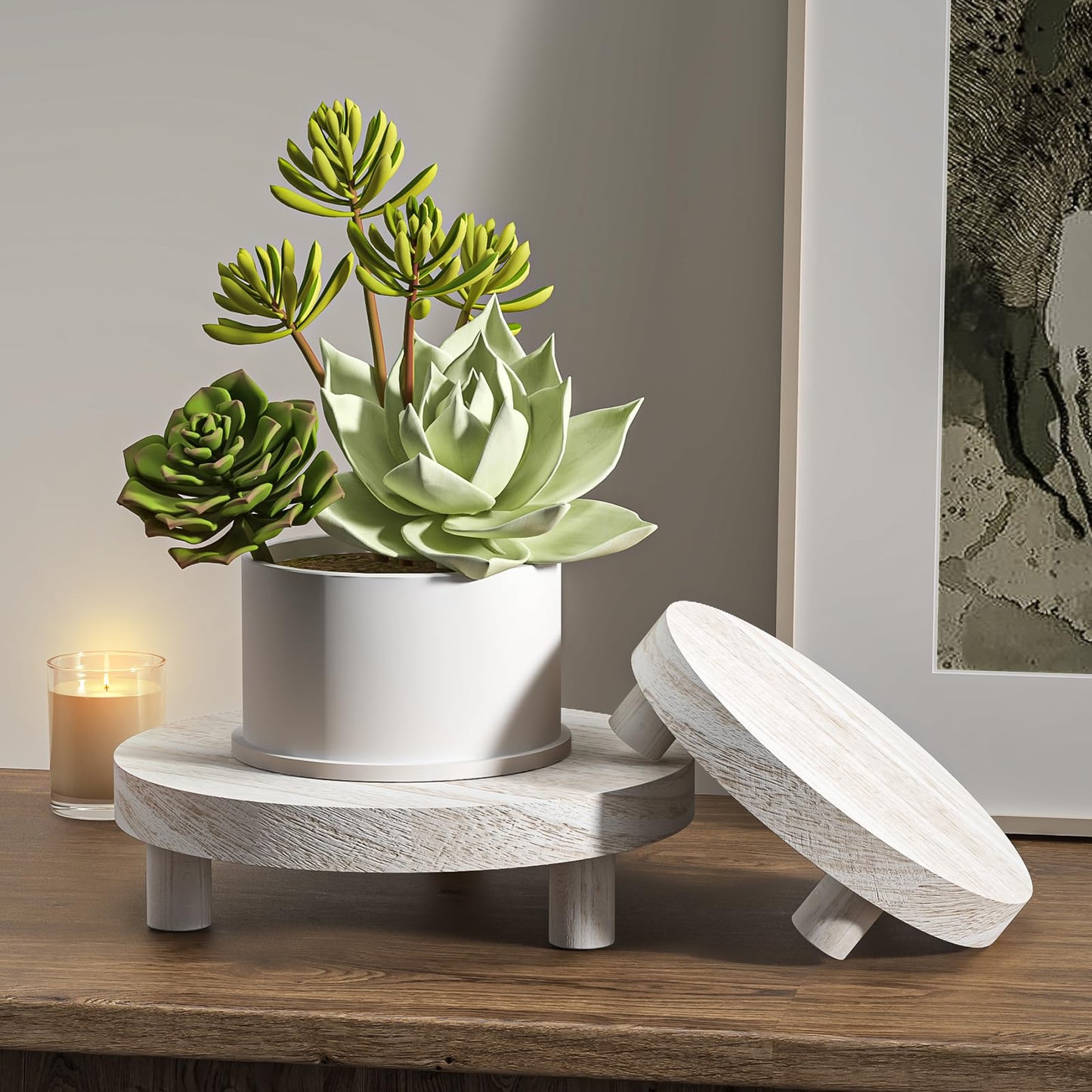 HAWHUV 3 Pcs Wood Plant Stand Indoor Outdoor, Round Wood Riser for Decor 6/8/10" Wooden Stool Display Stand Flower Pot Holder Small Planter Tray Modern Potter Decorative for Desktop Counter Room