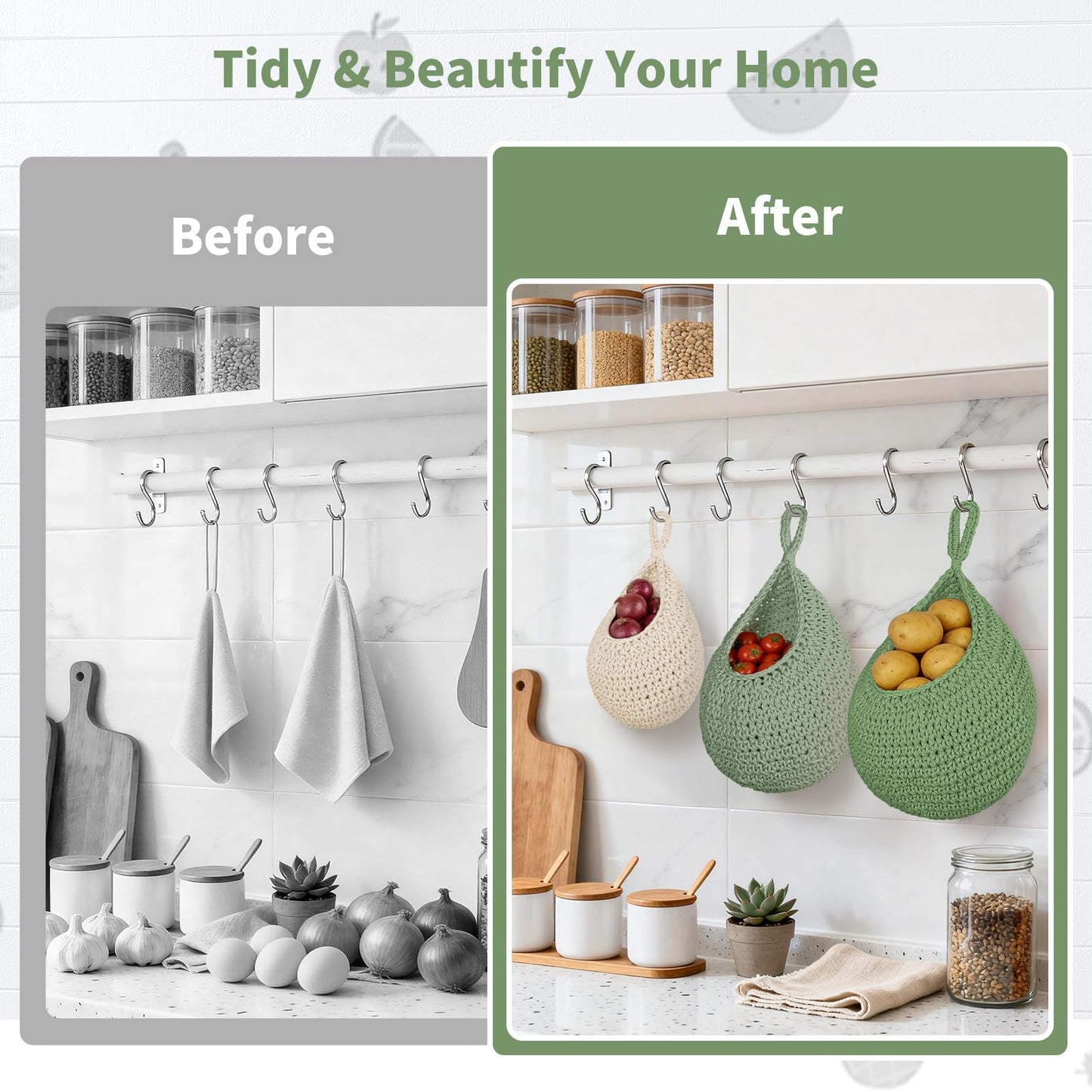 3 Pack Boho Decor Hanging Friut Baskets for Kitchen, Handwoven Cotton Wall Baskets with Hooks 3 Sizes, Hanging Holder Teardrop Produce Basket for Fruit Vegetable Potato Onion Storage, Beige & Green