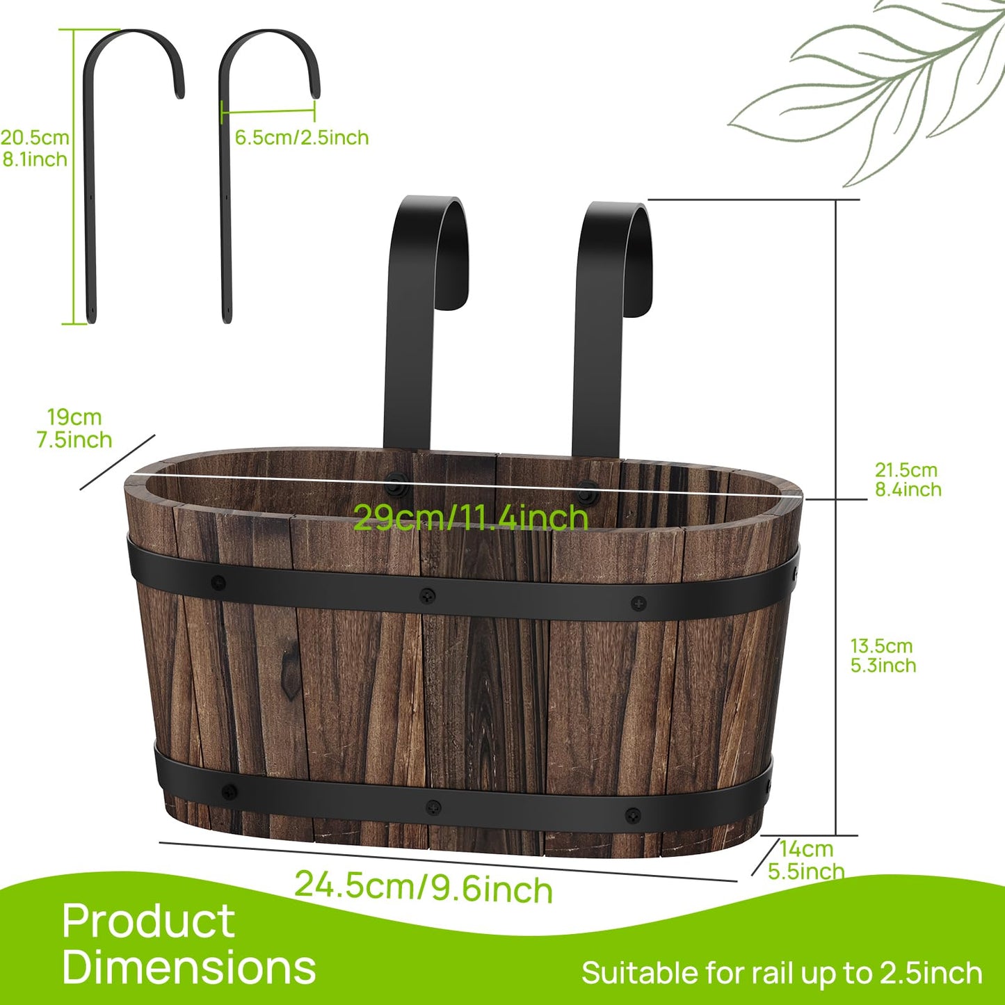 2PACK Wood Cute Railing Planter Box Wooden Hanging Flower Pots for Railing Fence Outdoor Plants Wall Planters Window Flower Box Hanging Bucket Pots Countryside plant Holder (Carbonized,2pcs,Small)