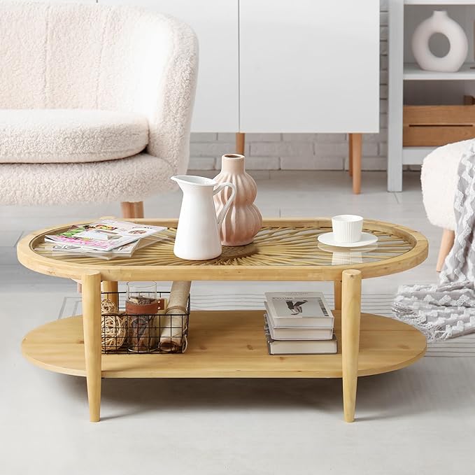 RUSTOWN Rattan Coffee Tables, 2-Tier Oval Boho Cocktail Tables, Mid Century