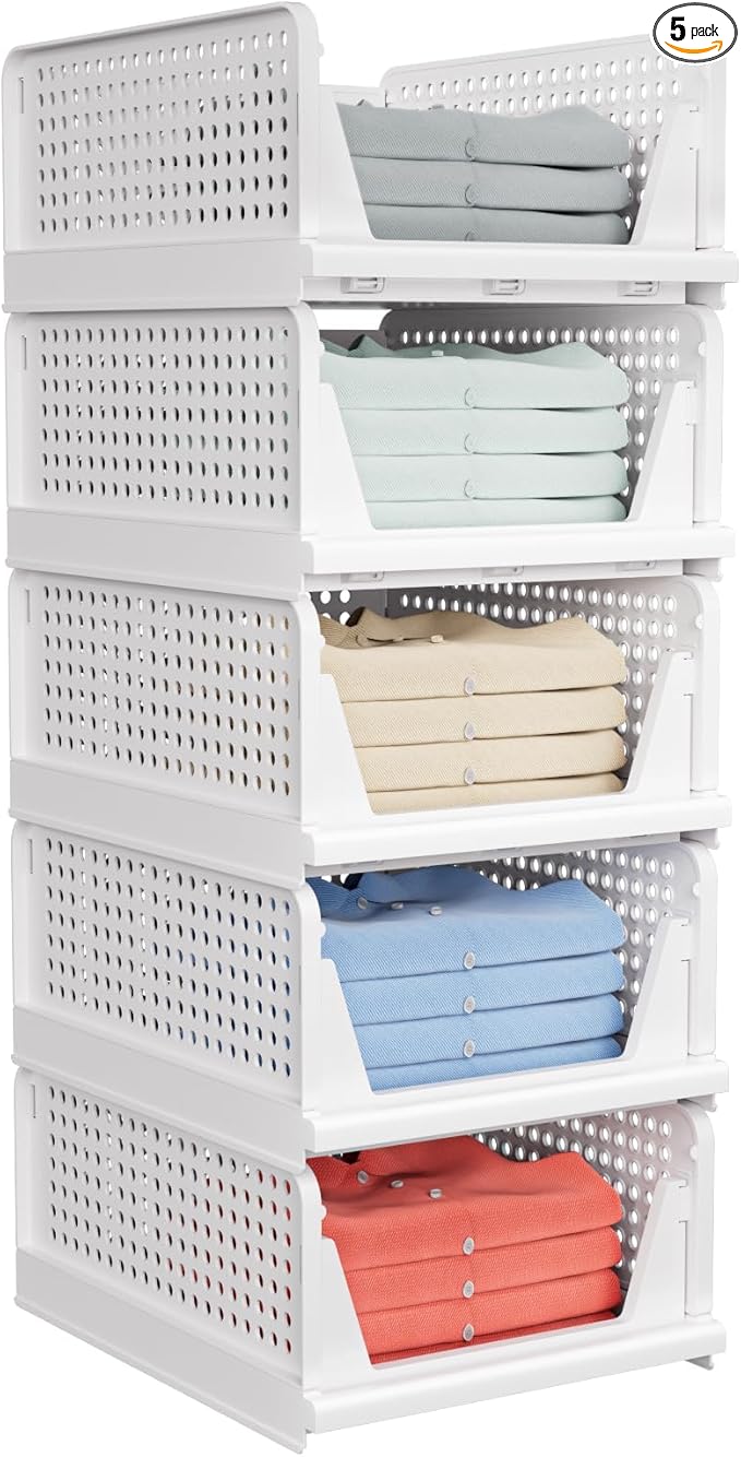 5 Pack Stackable Closet Storage Basket