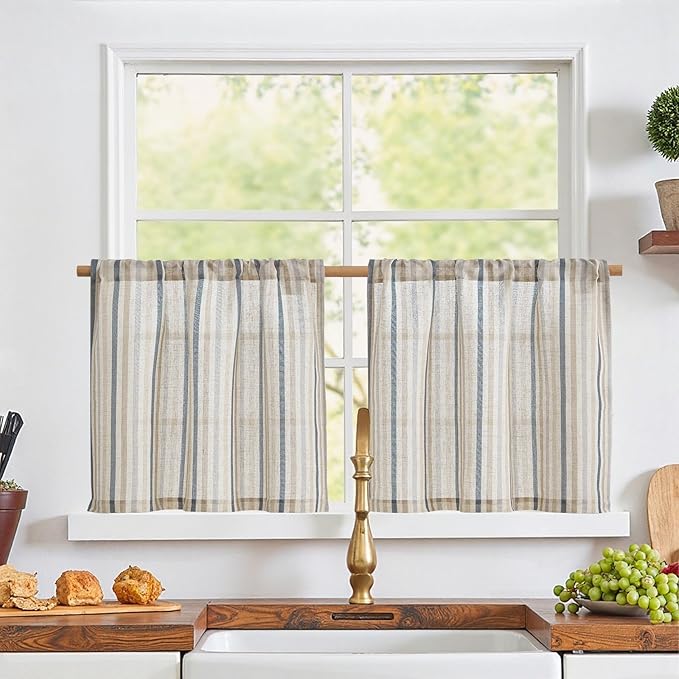 jinchan Colorful Striped Linen Kitchen Curtains 24 Inch Christmas Tier Curtains Farmhouse Modern Cafe Small Window Treatments Light Filtering Rod Pocket for Living Room Bathroom 2 Panels Multi Blue