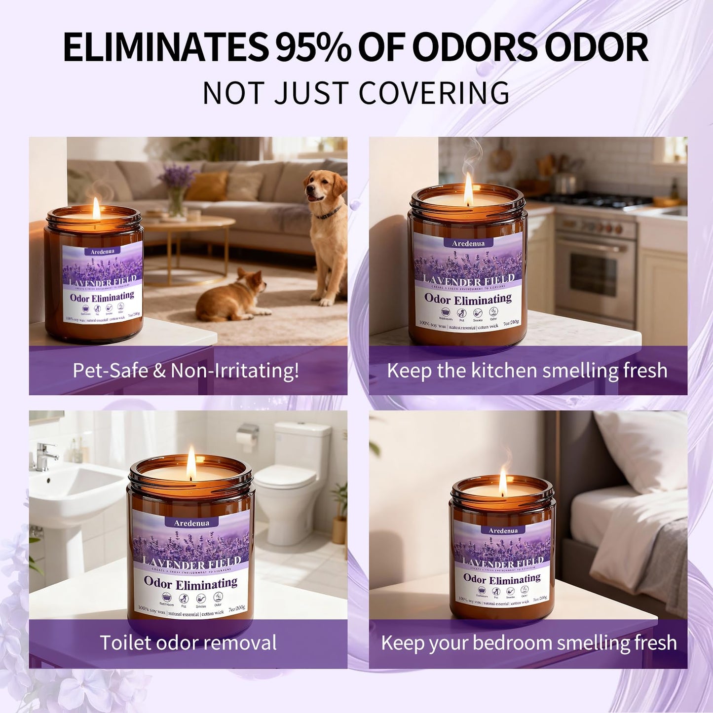 Lavender Odor Eliminating Candles | Eliminates 95% of Pet, Smoke & Bathroom Odors – 7oz Hand Poured Soy Candle - Aromatherapy Stress Relief Scented Candles - Relaxing Gifts for Calm & Fresh Homes