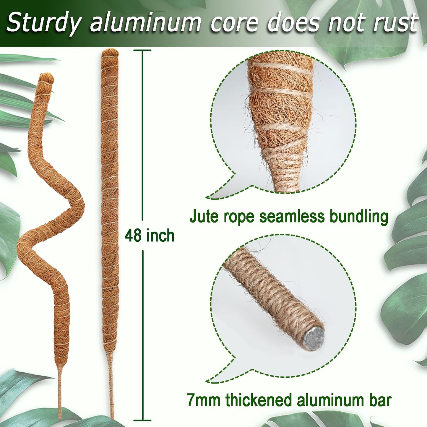 2 Pack 48'' Bendable Moss Pole for Monstera & Pothos - Tall Handmade Coco Coir Plant Support Stakes for Large Climbing Indoor Plants, Potted Houseplant Trellis Accessories