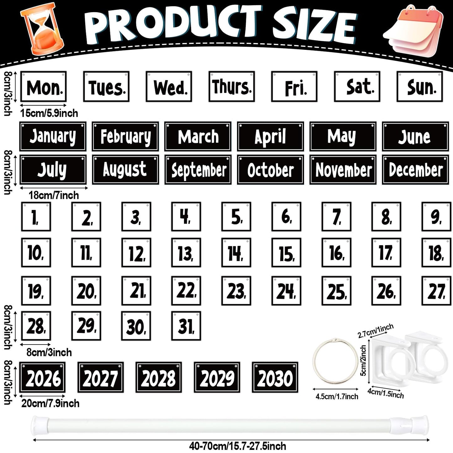 Black White Flip Calendar Bulletin Board Set Black Calendar for Classroom Whiteboard Decor with 2026 to 2030 Years Date Cards and Adjustable Rod for Home Elementary Back to School Teacher Supplies