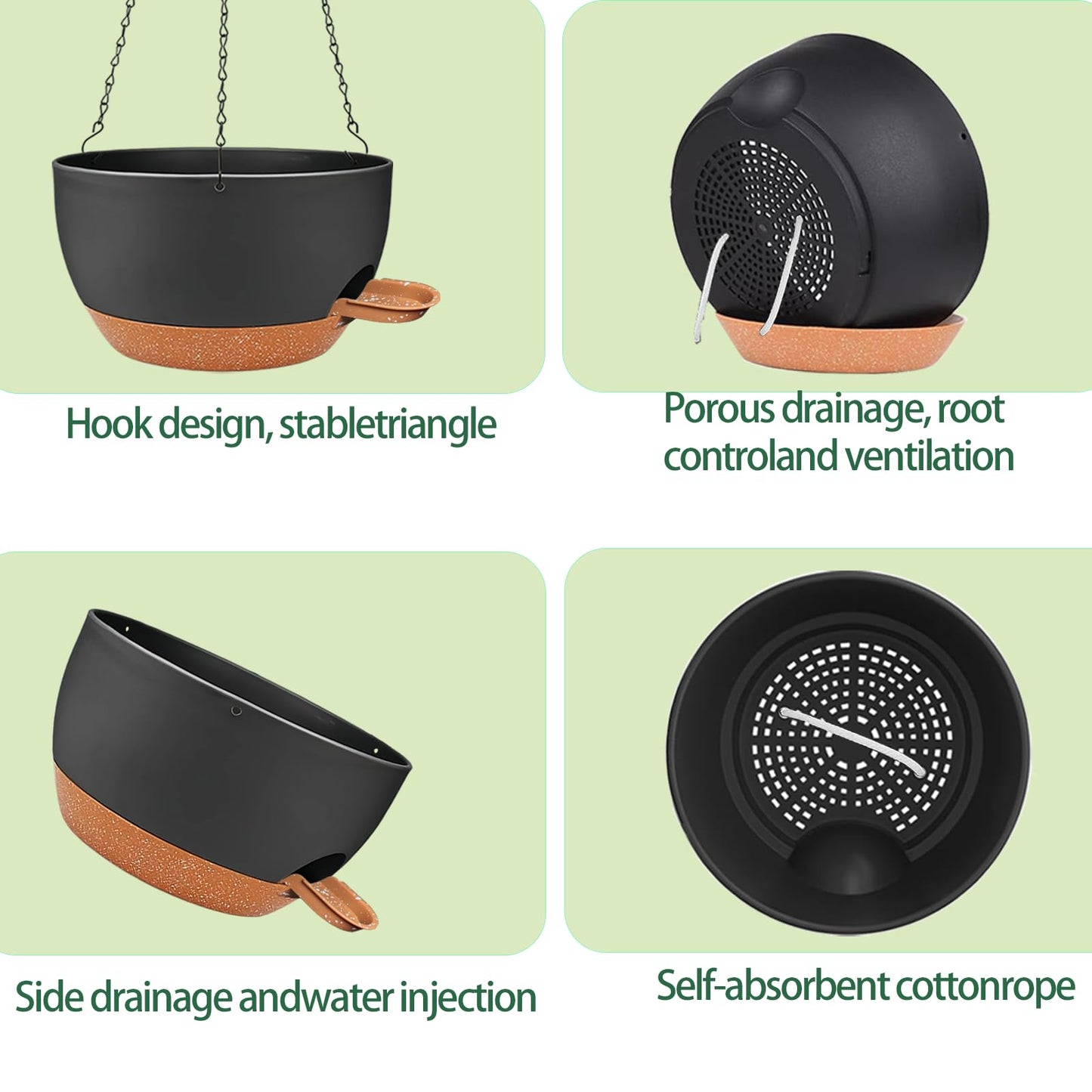 CNLBO 12 Inch Self Watering Hanging Planters 2 Pack, Indoor Outdoor Hanging Pots for Plants with Drainage Holes & Saucers, Black Brown Plastic Hanging Baskets for Kitchen Balcony Garden