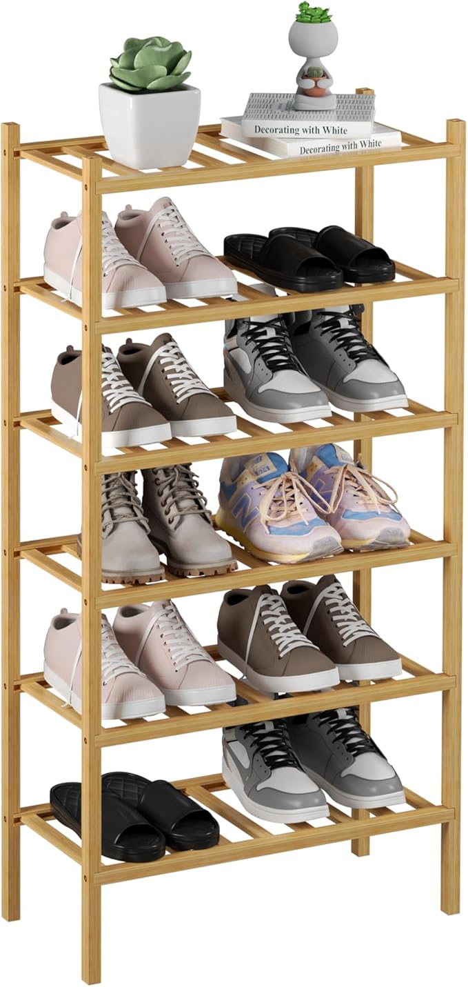 ROMGUAR CRAFT 6-Tier Bamboo Small Shoe Rack, Free Standing Wood Shoe Shelf