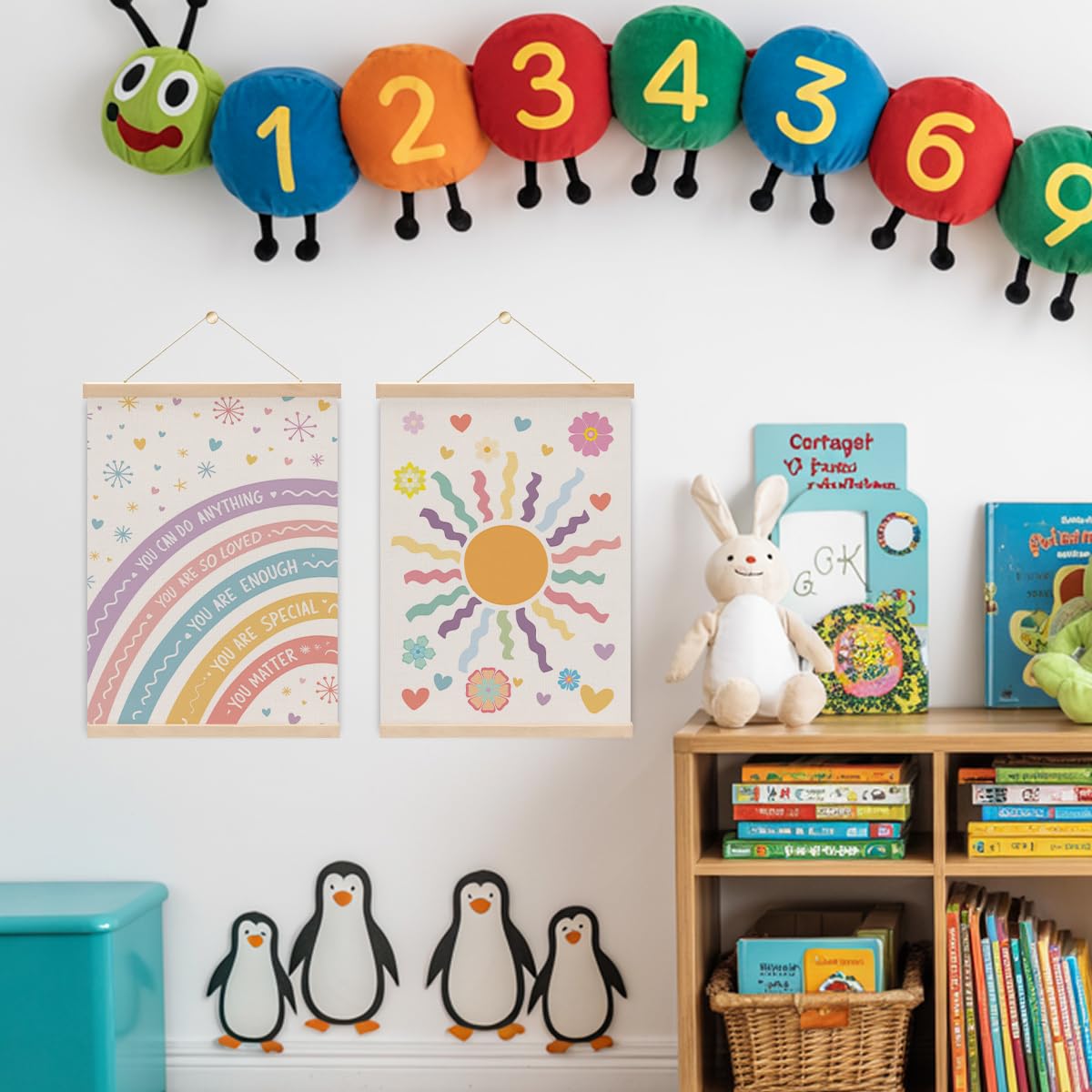 2PCS Nursery Girls Kids Room Poster Hanger, Boho Rainbow Flag Banner Nursery Wall Art Hanging Banner With Wooden Frames for Classroom Girls Playroom Bedroom Toddler Room Decor 15.8x11.8 Inch