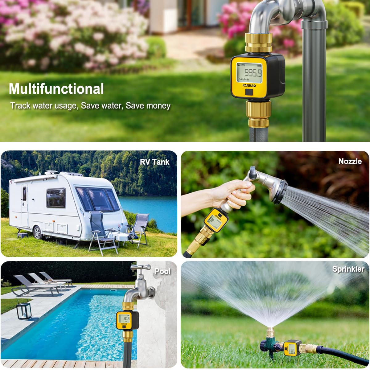 FANHAO 2 Pack Water Flow Meter with Brass Inlet Metal Thread, Measure Gallon/Liter Consumption and Flow Rate, High Accuracy & IPX6 Waterproof for Outdoor Garden Hose Watering, RV Water Tank Filling