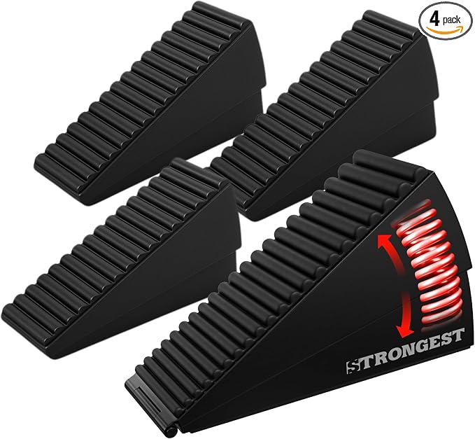 STRONGEST HOME Stoppers for Bottom of Door – Heavy Duty Metal Rubber Door Stopper, Non-Slip Door Stop for Heavy Doors, Works on Wood, Tile & Carpet Floors, Folding Black 4 PC + 4 White Wall Protectors