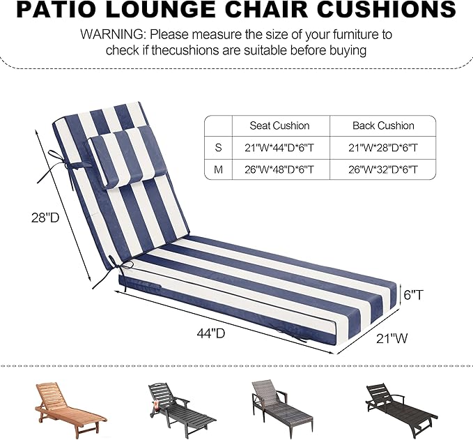 Chaise Lounge Cushions Outdoor 72x21x6 Inch, Fade Resistant 6'' Thicken Outdoor