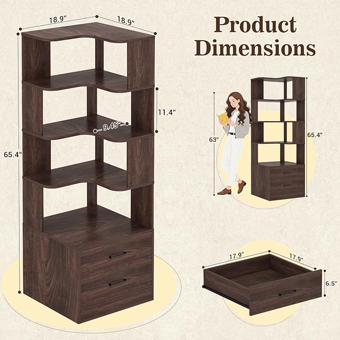 Armocity Corner Bookshelf with Drawers, 7 Tier Corner Book Shelf Display