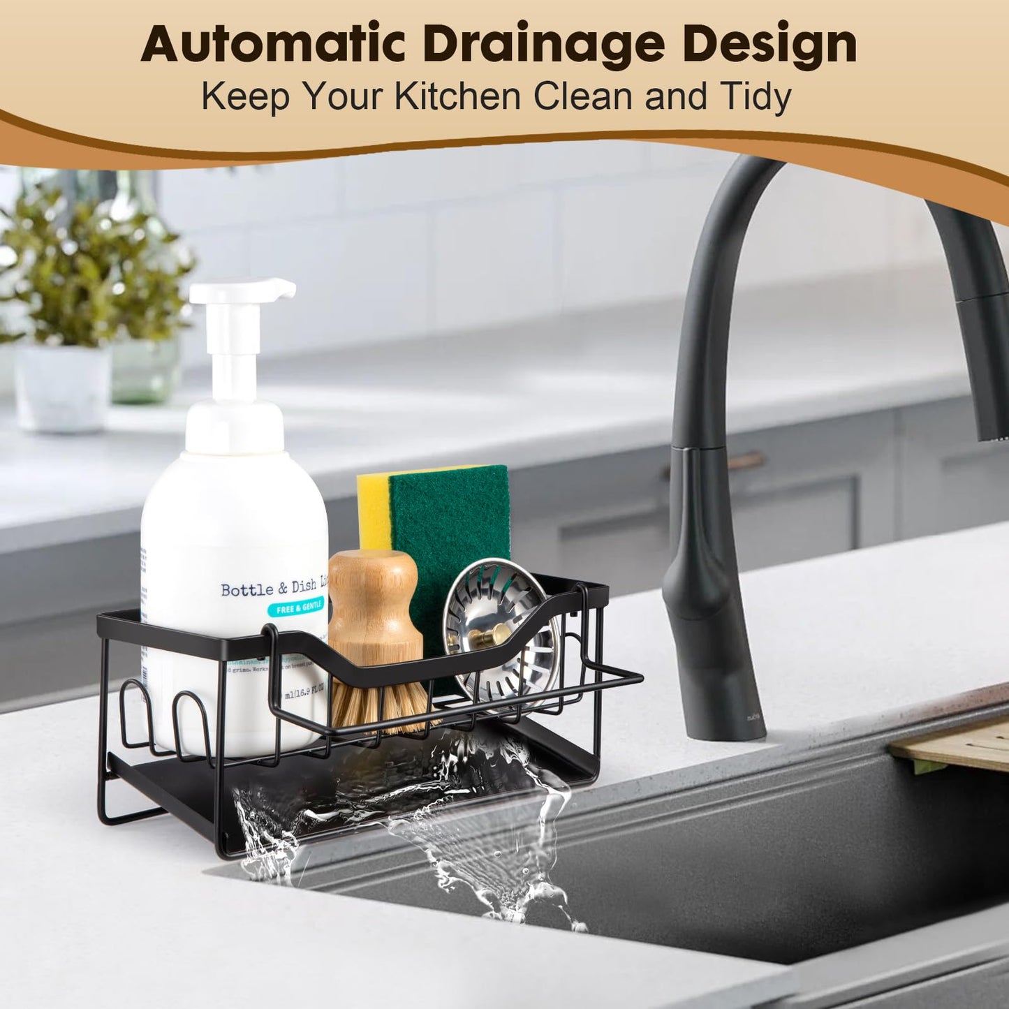 Sinnsally Sponge Holder for Kitchen Sink Caddy,Stainless Steel Dish Soap Dispenser Rack,Dish Soap Caddy for Kitchen Sink Utensil Holder with Drain for Countertop,Kitchen Counter Organizer and Storage