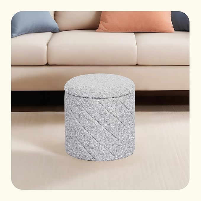 PINPLUS Ottoman with Stroage Round Boucle Ottoman and Tray Sherpa Removable