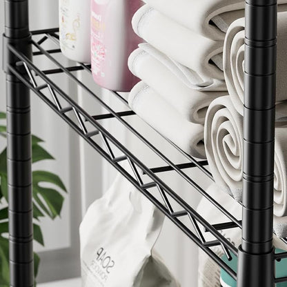 SINGAYE 5 Shelf Storage Wire Shelves Closet Bathroom Organizers Metal Pantry Kitchen Garage Shelving Unit Laundry Room Organization Home Narrow Rack Net Basket with Wheels Black