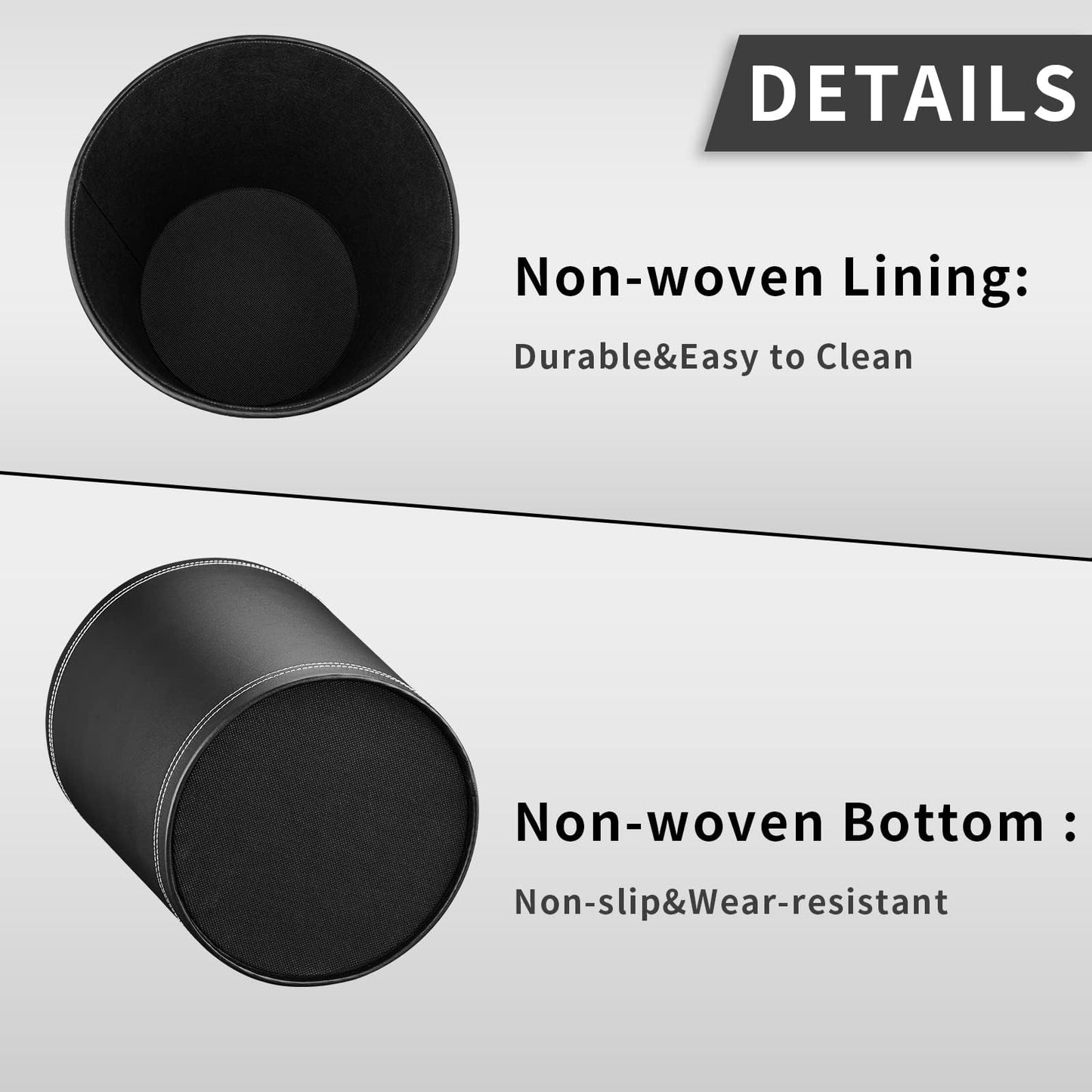GORESE Pu Leather Trash Can, 2.6 Gallon Black Bathroom Trash Can, Small Office Garbage Can Wastebasket for Bedroom, Kitchen, Round Trash Bin Decorative Under-Sink/Desk/Home Easy to Clean