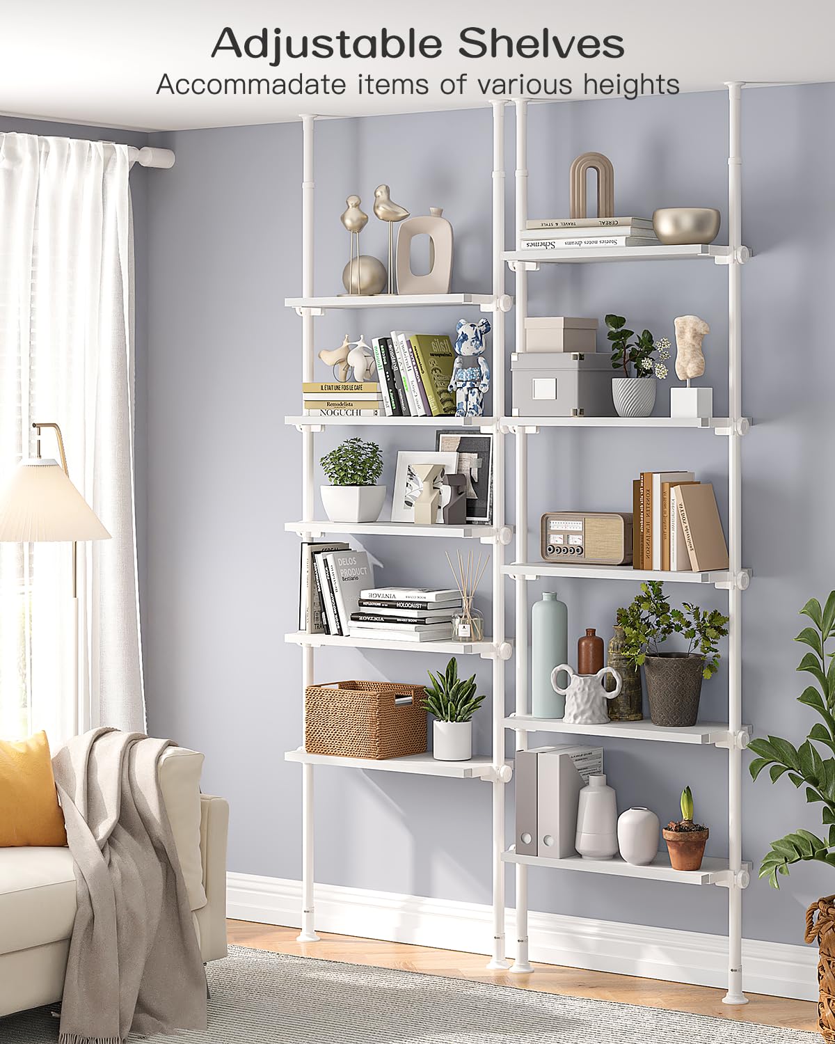 ALLZONE Adjustable Tall Narrow Bookshelf, 5-Tier Floor-to-Ceiling Tension Mount Ladder Book Shelf with Storage for Versatile Uses, Fits 92-116 Inch Ceilings, 27.84-Inch Wide Wood Shelves, White