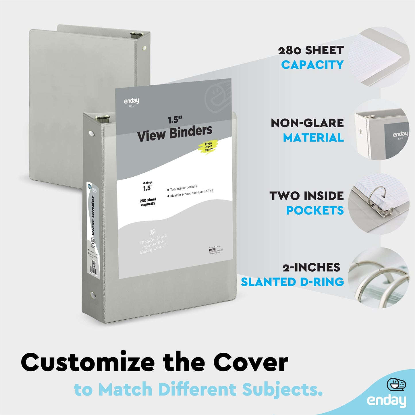 Enday 3 Ring Binder 1.5 Inch, Grey Heavy Duty Three Ring Binder, 325 Sheets Capacity - 1.5 Inch Binder for Home School and Office