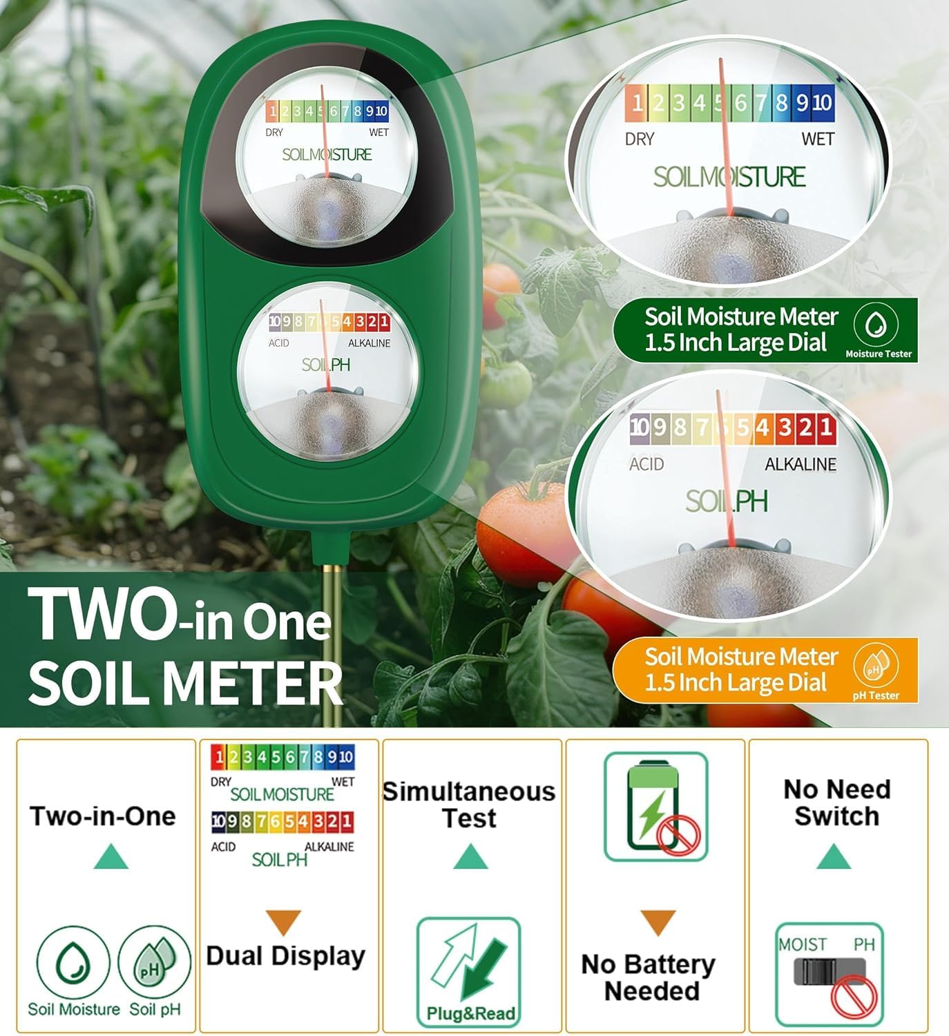 Aenncci Soil Test Kit, 2-in-1 Soil Moisture Meter, Soil pH Tester, Large Dual Dial Soil Meter for Plants, Garden Soil, Lawn, Farm, Outdoor & Indoor Use-Green