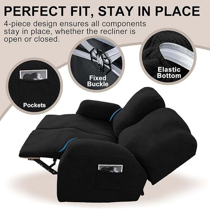 Recliner Loveseat Covers, 4-Piece Stretch Geometric Strokes Jacquard Reclining