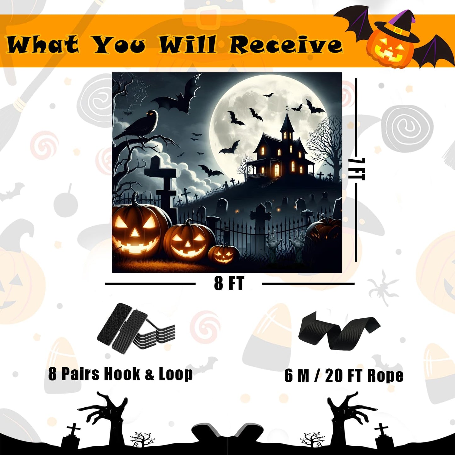 Halloween Garage Door Decorations 7 x 8 Ft Hanging Backdrop Horror Moon Night Halloween Garage Door Cover Scary Cemetery Pumpkin Banner Photo Background for Home Spooky Party Wall Window Yard (Black)