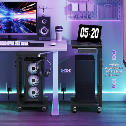 Computer Tower Stand with Power Outlet, Mobile PC Stand for Floor, Height Adjustable PC Holder Cart Under Desk, 26.6"-32.7" H, for Home Office, Gaming Room, Black PCHS216E01
