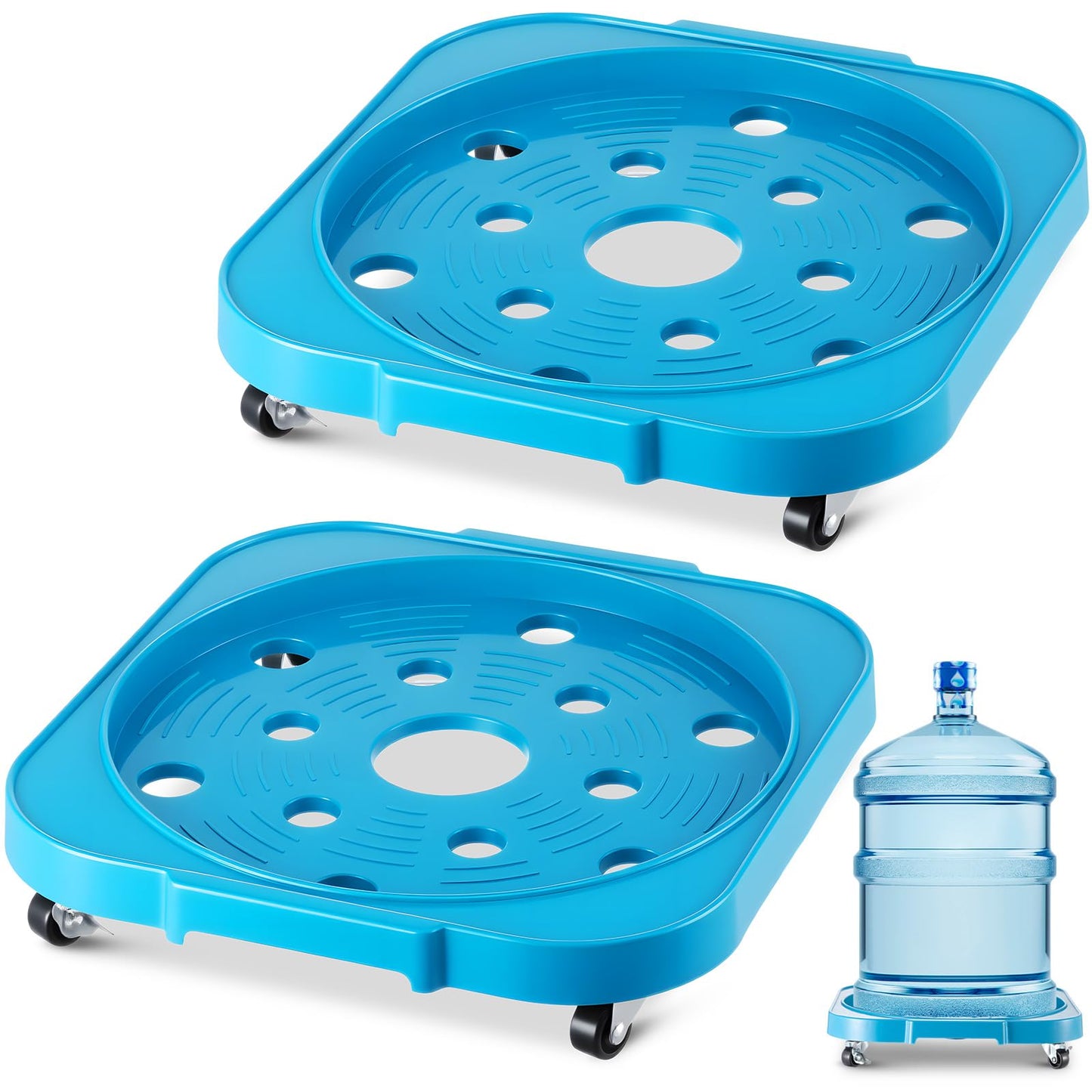 SiliFine 2 Pack 5 Gallon Water Bottle Jug Caddy with 4 Rolling Swivel Casters Wheels 5 Gallon Bucket Dolly for Heavy Duty Garden Flower Pot Movers, Plant Stroller, 11" Inside Diameter (Blue)