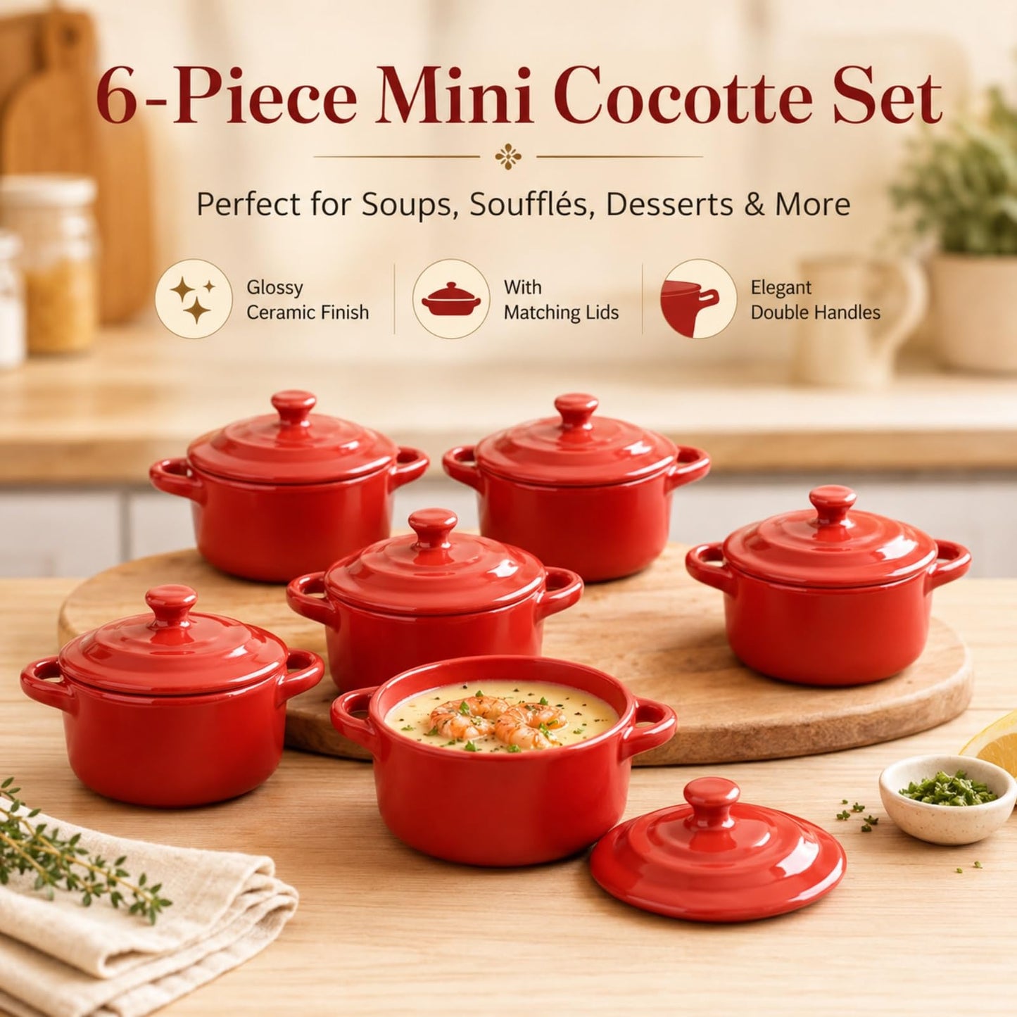 RHBLME 6 Pack French Onion Soup Bowls, 7 Oz Ramekins Oven Safe Mini Cocotte, Red Ramekins with Lids Oven Safe Soup Bowls for Creme Brulee, Pot Pie, Lava Cakes, Pumpkin Soup