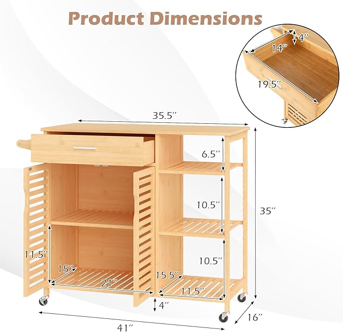 Giantex Bamboo Kitchen Island Cart, Mobile Serving Cart