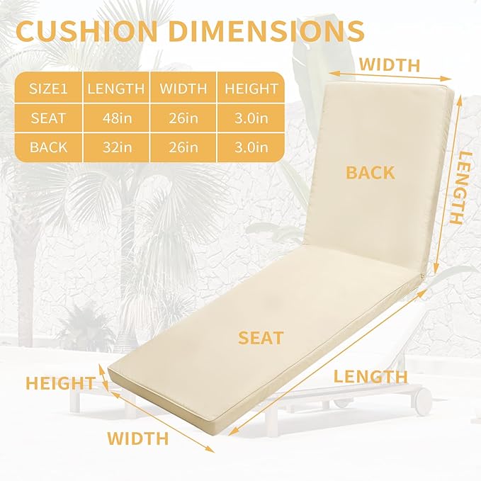 Outdoor Chaise Lounge Cushions for Patio, Lounge Chair Cushions, Waterproof