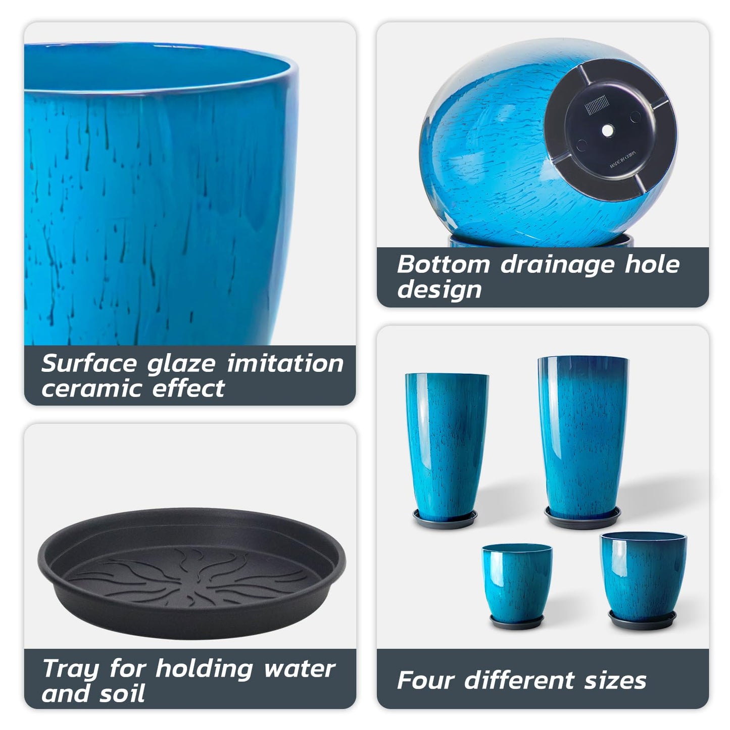 ZMTECH 24/21/12/10" H Large Plastic Planters with Drainage Hole & Saucer, Set of 4 Tall Plant Pots for Indoor/Outdoor Use, Gradient Blue Glossy Smooth Flower Pot for Front Porch Patio Garden