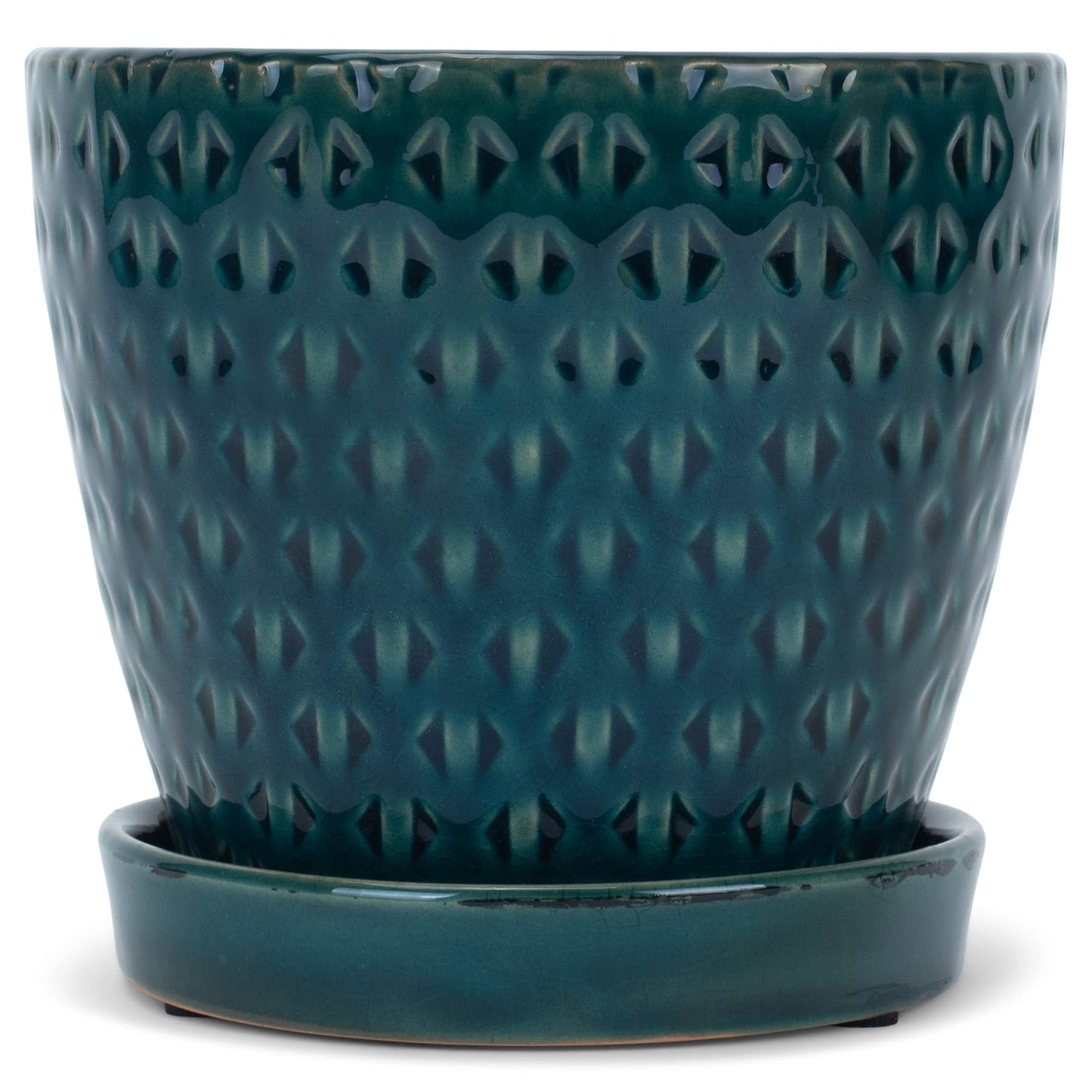 Napco Geometric Triangle 4.75 x 5.5 Inch Teal Green Ceramic Flower Pot Planter with Saucer