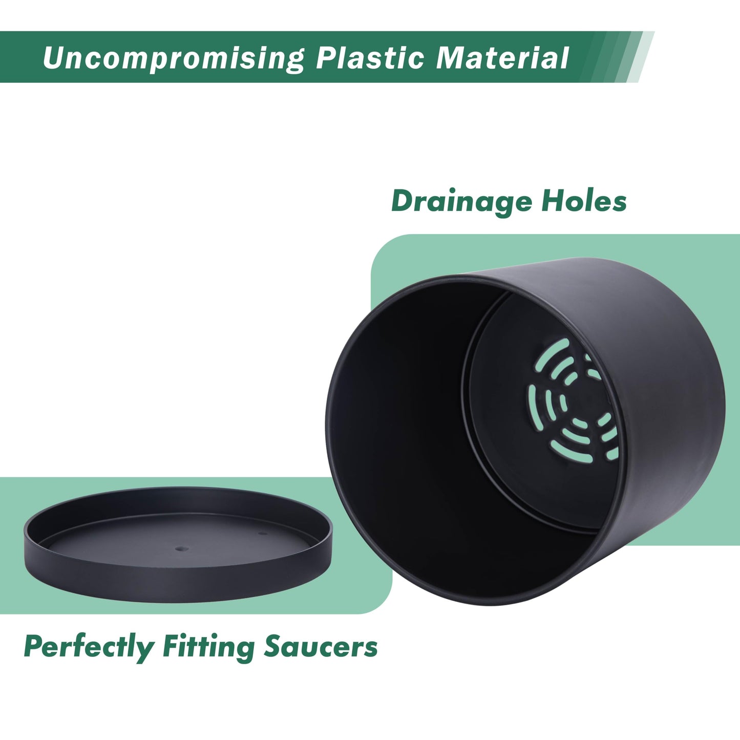 D'vine Dev 2 Pack 6.5 Inch Modern Plastic Plant Pots, Small Garden Planters for Plant with Drainage Holes and Saucers, Black Color, 74-Y-L-1