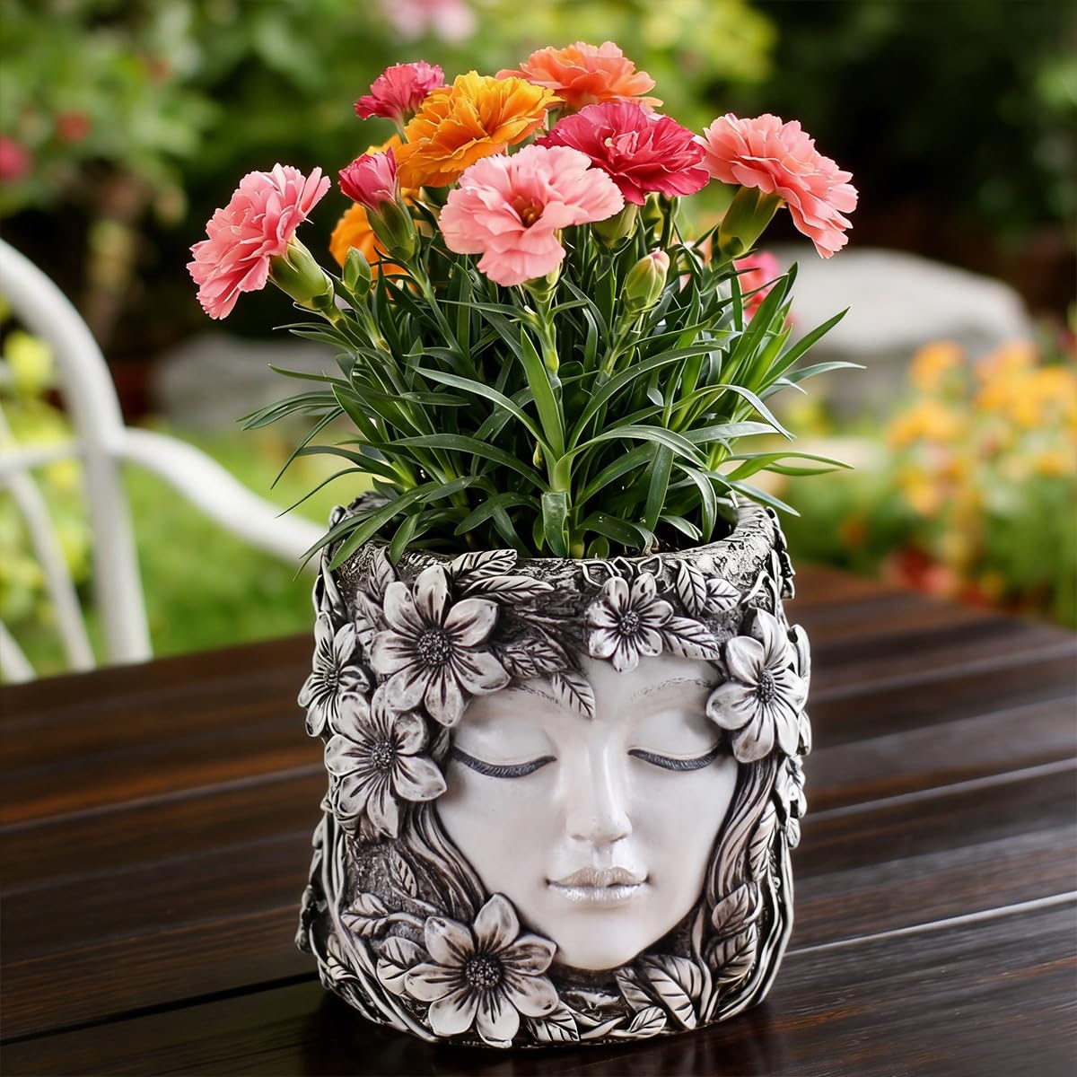 Bohemian Resin Face Planter Pot with Floral Design, Unique Human Head Succulent Pot with Drainage Hole, Weatherproof Lady Face Vase for Indoor Home, Outdoor Garden, Balcony & Desktop Greenery Decor