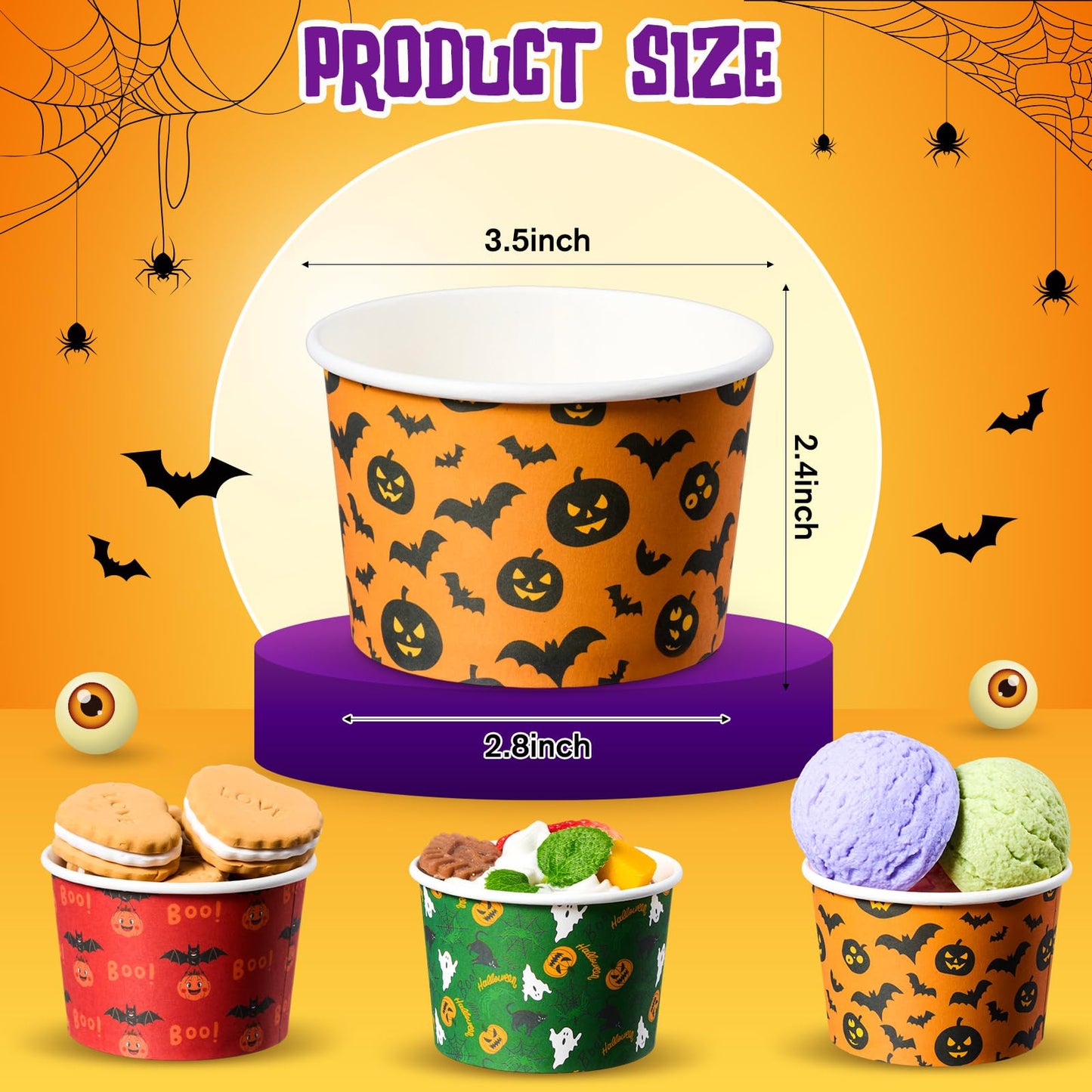 Newtay 120 Pcs Halloween Snack Cups 9 oz Ice Cream Bowls Pumpkin Ghost Bat Treat Paper Disposable Cups Dessert Soup Bowls for Hot or Cold Food Sundae Yogurt Halloween Party Supplies