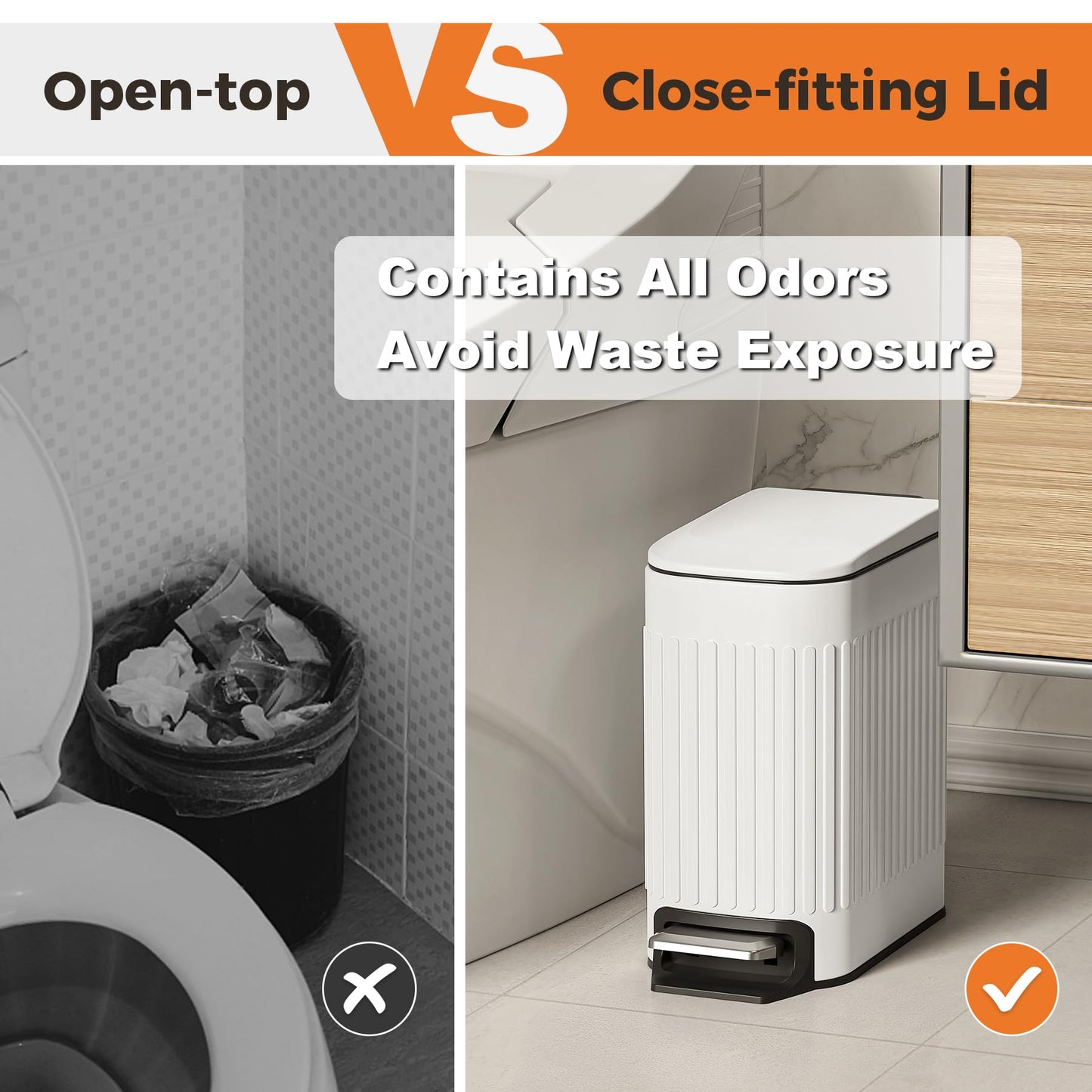 TrashAid Slim Bathroom Trash Can with Lid Soft Close, 6 Liter/1.6 Gallon Stainless Steel Small Garbage Can with Removable Inner Bucket, Step Pedal, Slim Wastebasket for Toilet, Office, Bedroom, White
