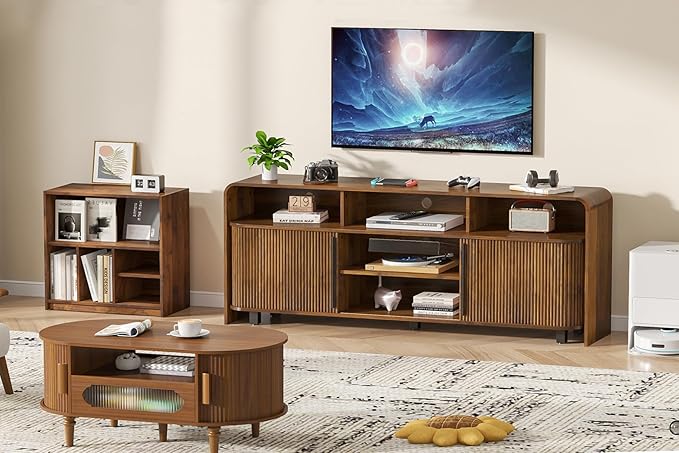 Fluted TV Stand for 75 65 80 Inch TV, 70 Inch Long Walnut Entertainment Center