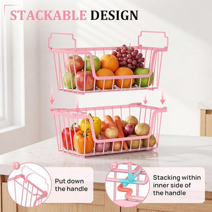 SUNALLY Stackable Storage Bins 6 Pcs Wire Baskets for Pantry Organizers and Storage, Vegetable Fruit Storage Basket for Countertop Organizer,Kitchen Storage Baskets for Onion Potato Snack,Pink