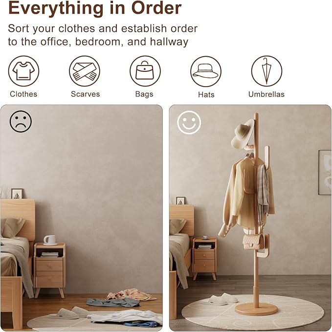 Muwuele Solid Wood Cactus Coat Rack, Freestanding Coat Rack