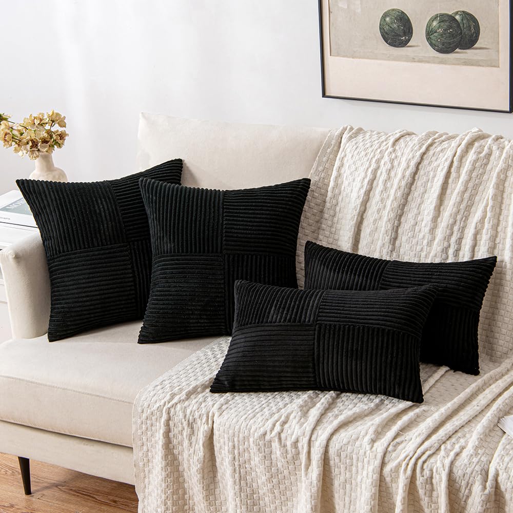 MIULEE Black Corduroy Pillow Covers Pack of 2 Boho Decorative Spliced Throw Pillow Covers Soft Solid Couch Pillowcases Cross Patchwork Textured Cushion Covers for Living Room Bed Sofa 18x18 inch