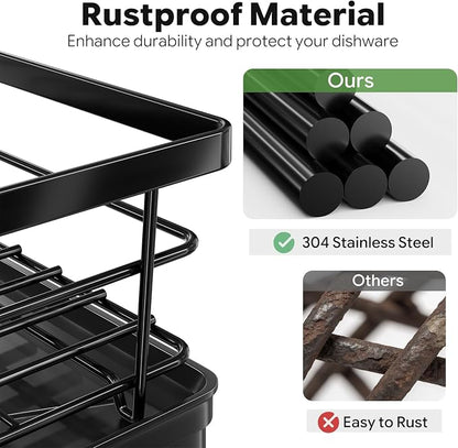 Simple Trending Dish Drying Rack, Space-Saving Dish Rack for Kitchen Counter, Stainless Steel Dish Drainer with Cutlery Holder and Drainboard, 12''W x 17''L, Black