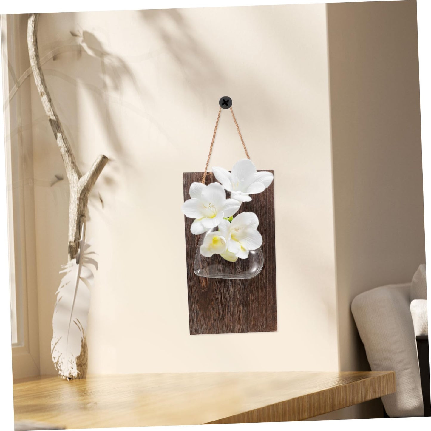 Anneome 1set Hydroponic Flower Vase Wooden Stand for Desktop Decor Wall Hanging Glass Planter for Indoor Plants for Home Office and Terrarium Arrangement