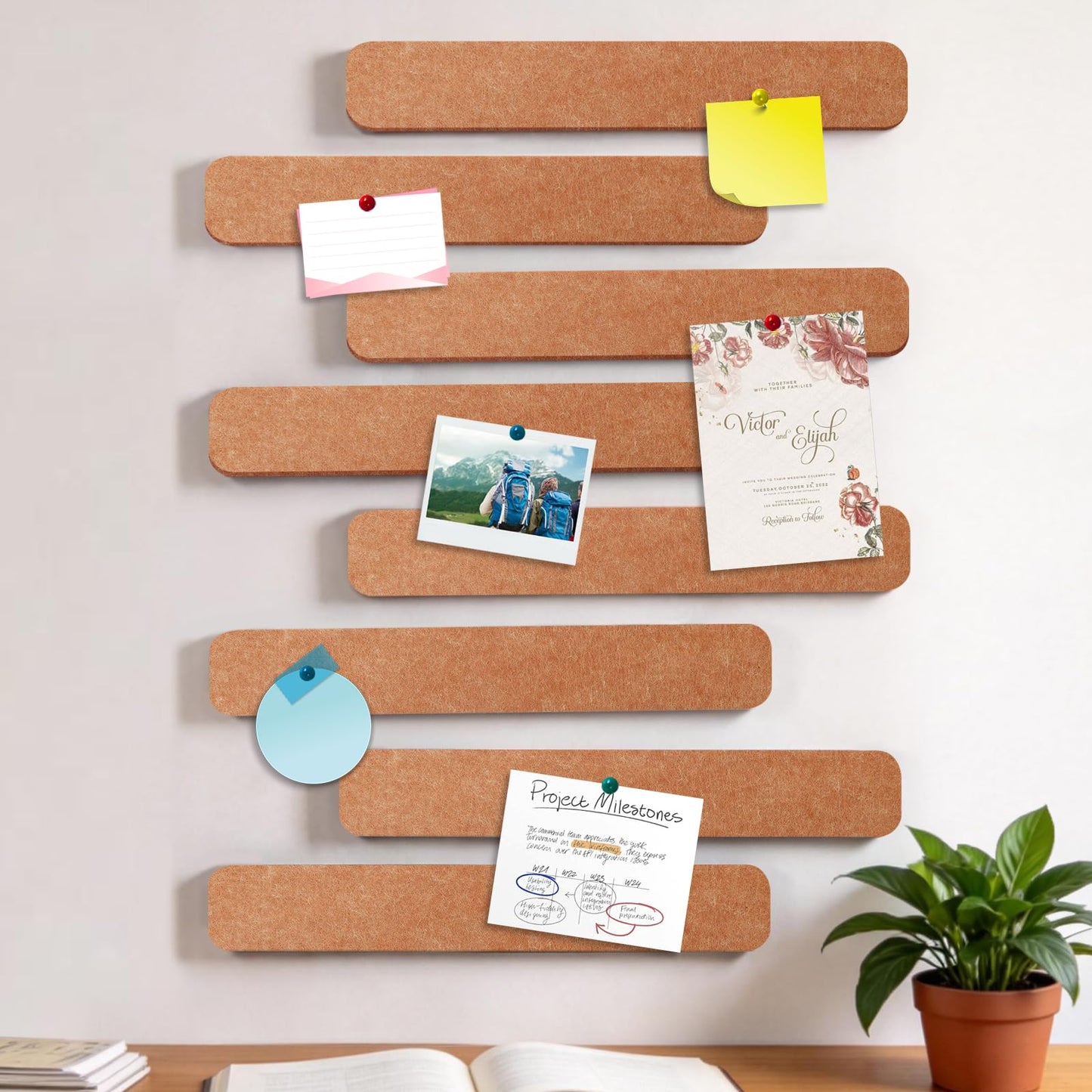 8-PCS 13"×2" Felt Bulletin Board Strips with Thumbtacks, Self-Adhesive Felt Strips, Suitable for Office, Classroom, and Home Decoration, Can Be Used to Stick Notes, Photos, and Memos(Brown)