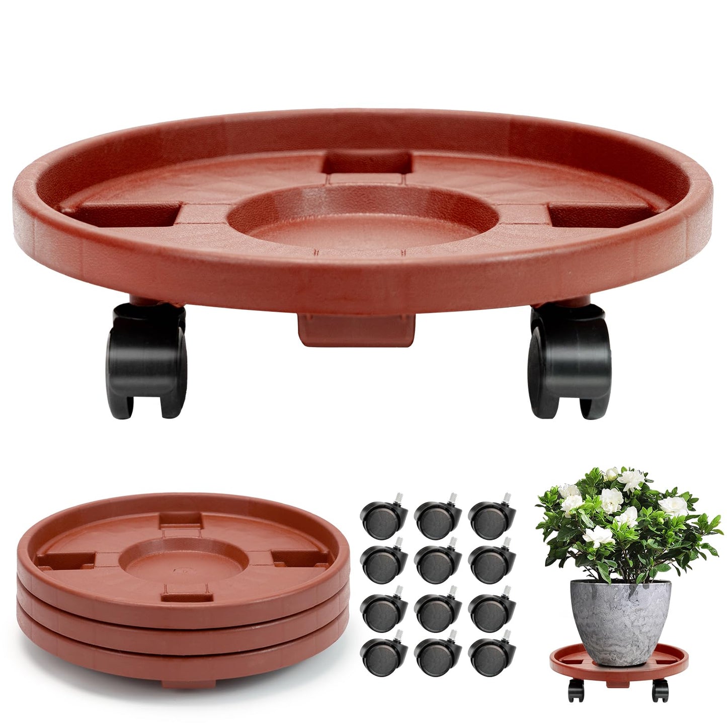 CINDALOG 3 Pack 13 inch Plant Caddy with Wheels Rolling Plant Stands Round Plant Stand Dolly for Outdoor Indoor Heavy Planter, Load Capacity 180 lbs