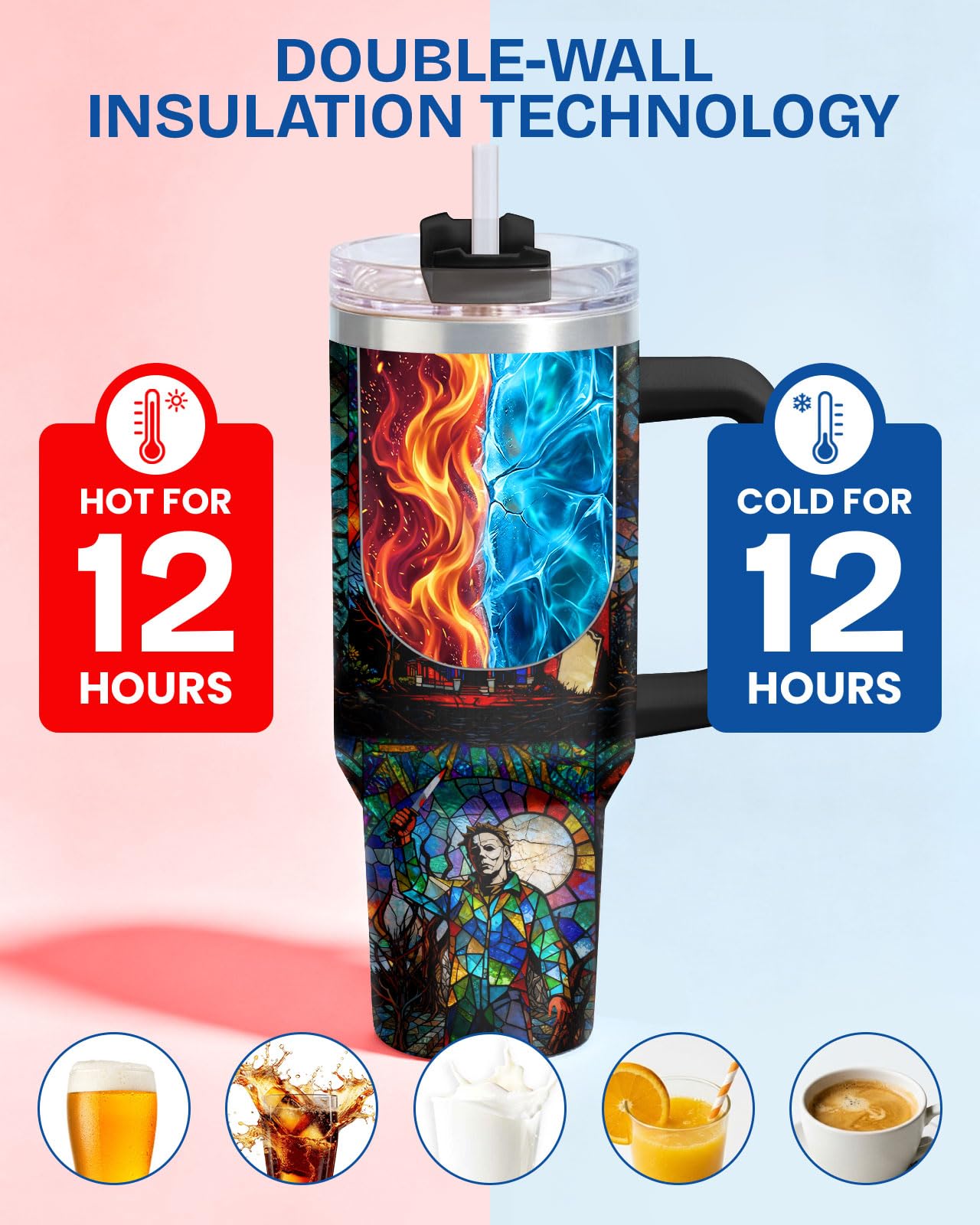 34HD Stained Glass Horror Boogeyman Tumbler 40oz Dark Gothic Killer Art Insulated Stainless Steel Travel Mug Spooky Halloween