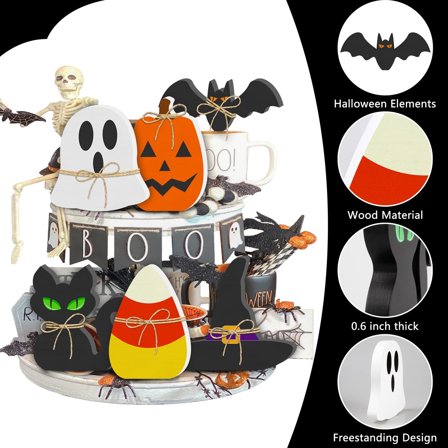 6PCS Halloween Wooden Decor - Halloween Decorations Wooden Signs Include Pumpkin Ghost Bat Black Cat Witch Hat Candy Corn Freestanding Table Signs Tiered Tray Decor for Rustic Farmhouse Home Mantle