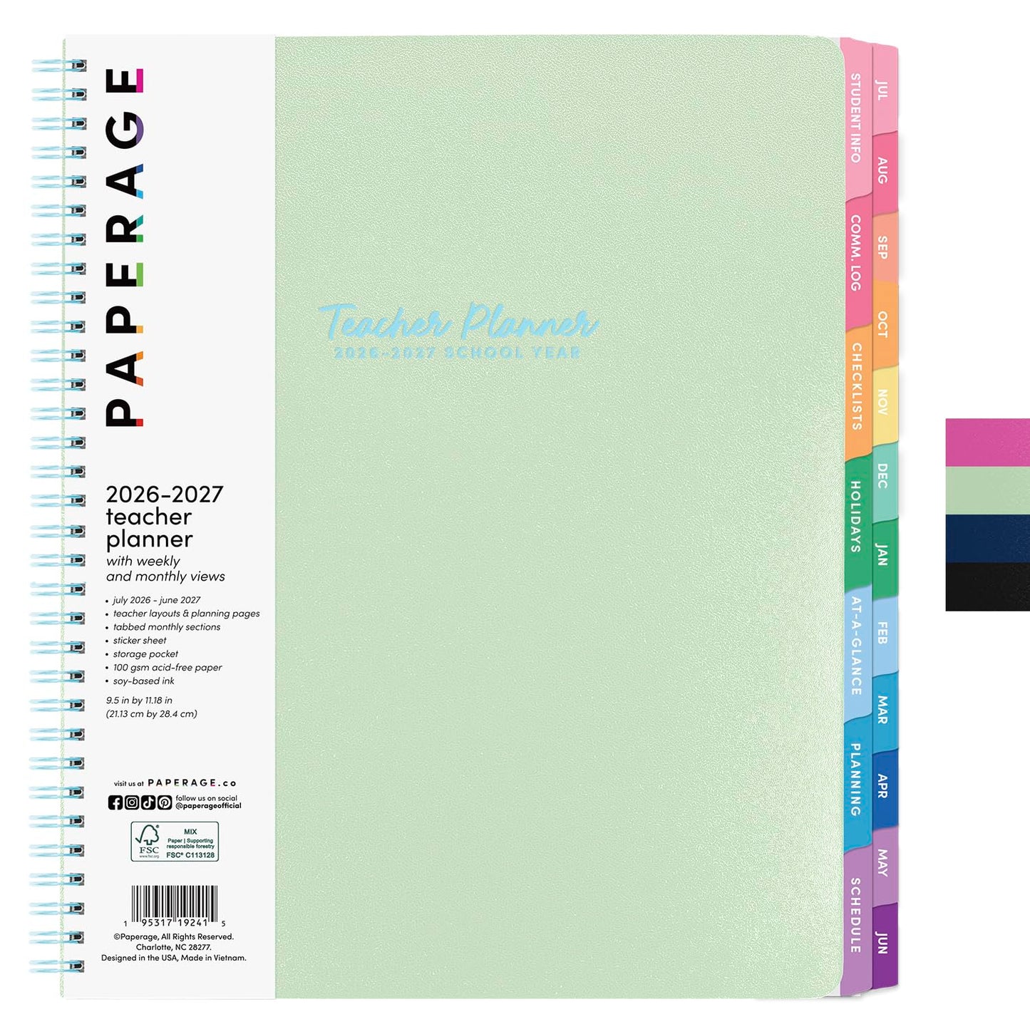 PAPERAGE Teacher Planner, Weekly & Monthly Academic Planner & Calendar, 12-Months, July 2026 - June 2027, (9.5" x 11"), Teacher Lesson Planning Book with Tabs, Stickers & Inner Pocket, Sage Green