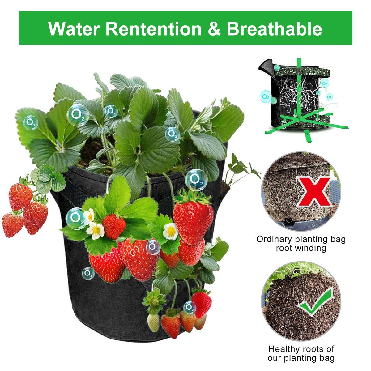 GOTGELIF 10 Gallon Strawberry Grow Bags 2-Pack, Thickened Nonwoven Grow Pots with 8 Pockets & Reinforced Handles for Strawberries, Tomatoes, Peppers, Herbs, Flowers