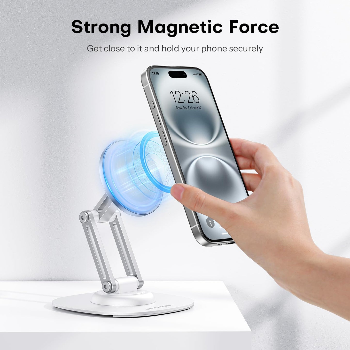 OMOTON 360°Rotating Magnetic Phone Stand for Desk, Adjustable Foldable Aluminum for MagSafe Cell Phone Stand Holder with Non-Slip Base, for iPhone 17/16/15/14 Pro Max Air/MagSafe Case- Black